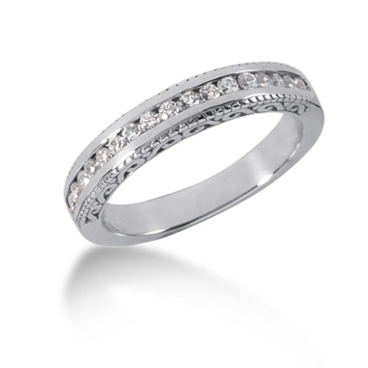 14k White Gold Engraved Diamond Channel Set Wedding Ring Band