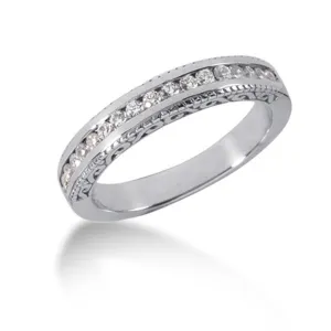 14k White Gold Engraved Diamond Channel Set Wedding Ring Band