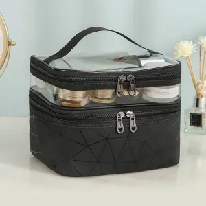(16x23x17cm) Cosmetic Make Up Bag Necessaire Organizer Bag with Transparent Compartment - Black / Transparent