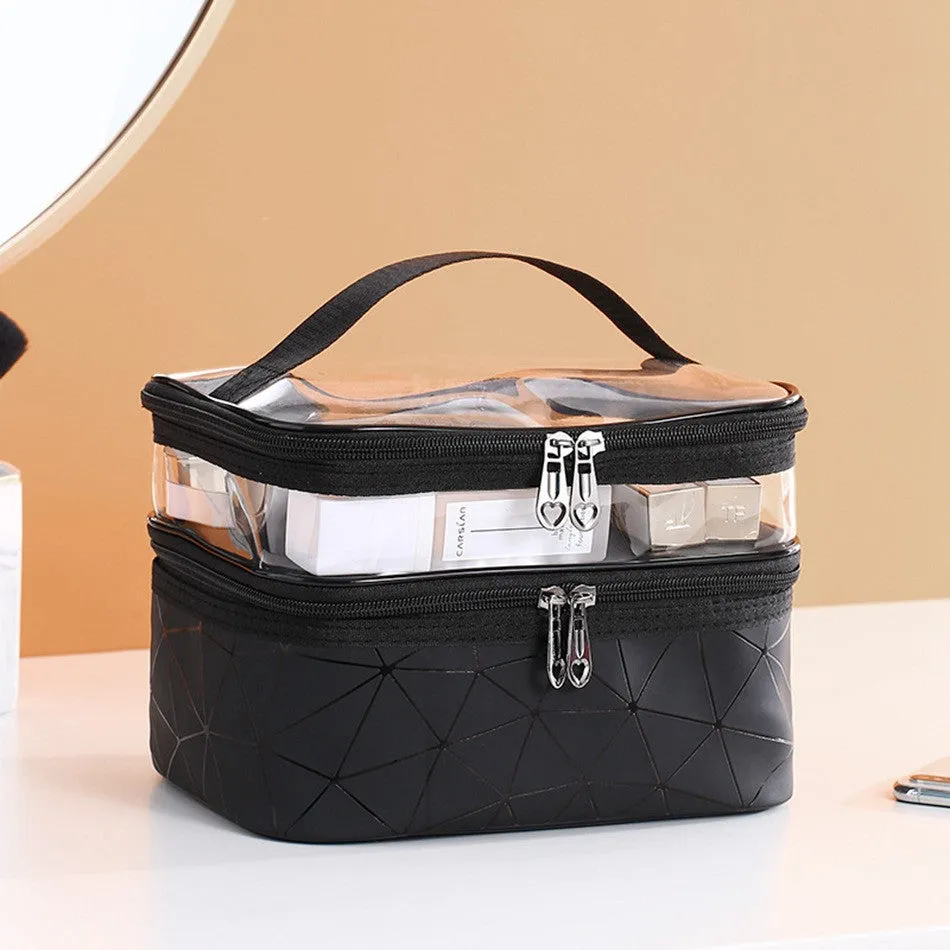 (16x23x17cm) Cosmetic Make Up Bag Necessaire Organizer Bag with Transparent Compartment - Black / Transparent