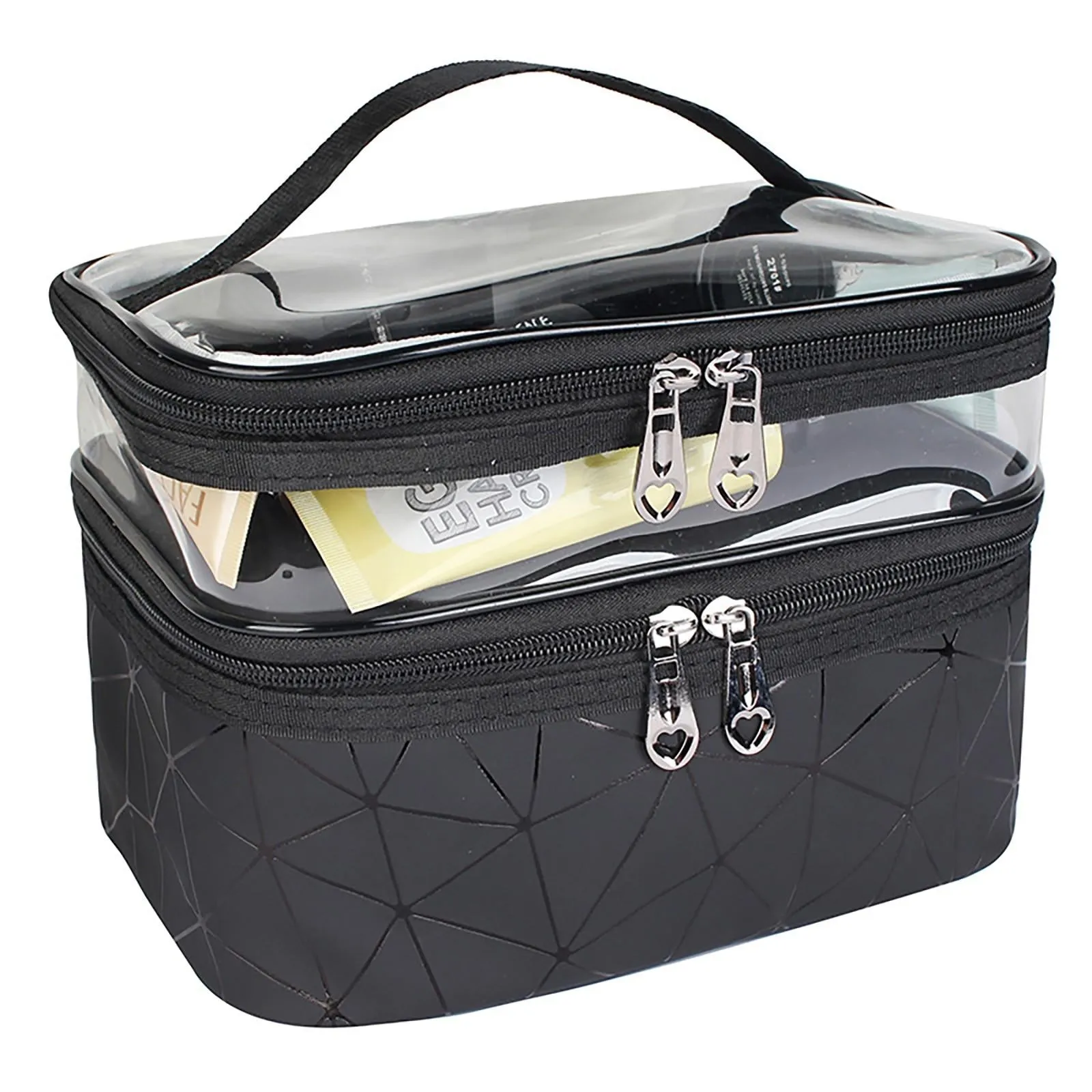 (16x23x17cm) Cosmetic Make Up Bag Necessaire Organizer Bag with Transparent Compartment - Black / Transparent