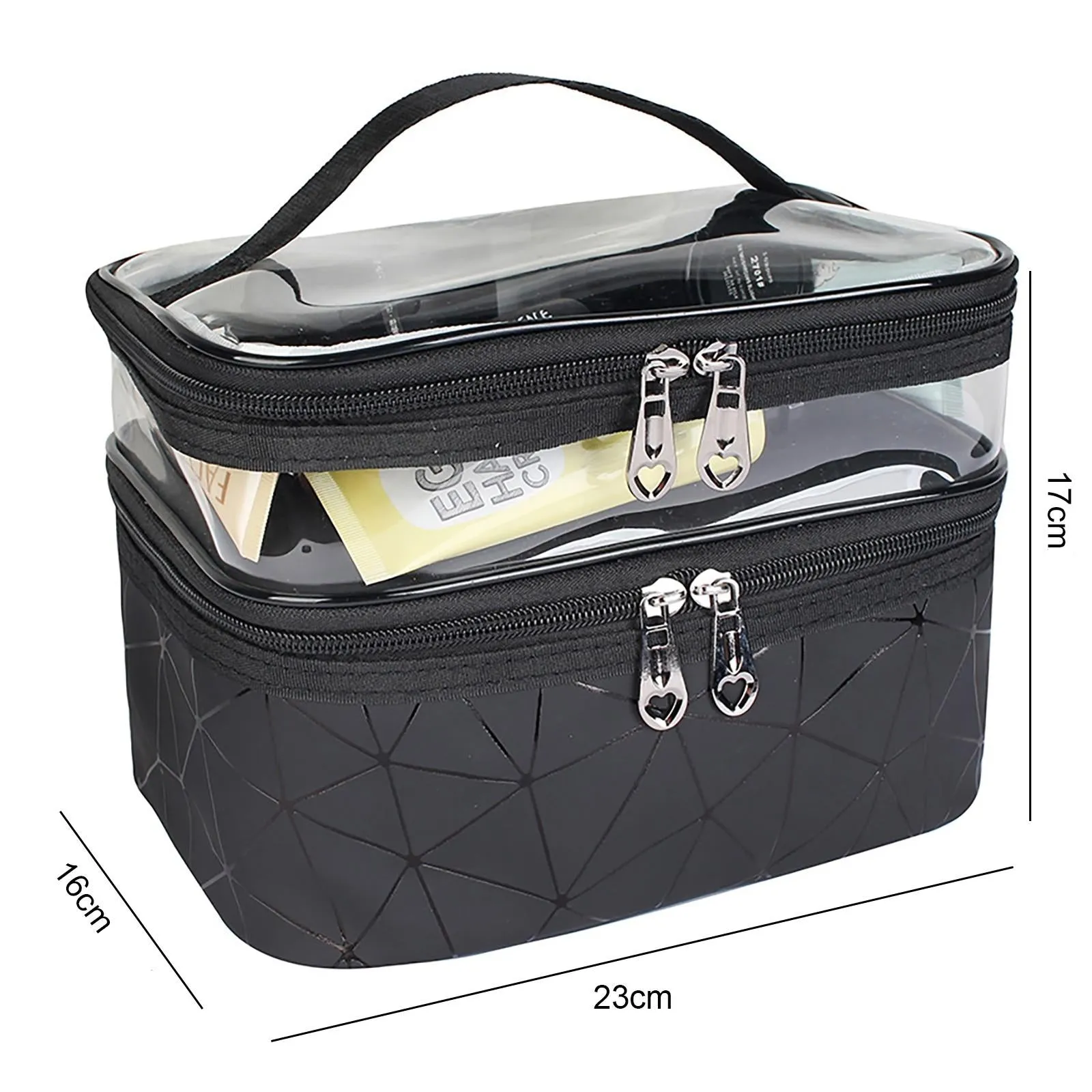 (16x23x17cm) Cosmetic Make Up Bag Necessaire Organizer Bag with Transparent Compartment - Black / Transparent