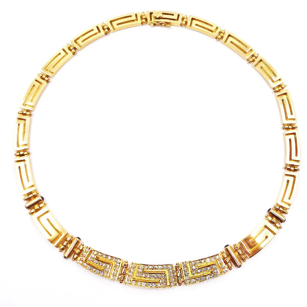 1.70ct Diamond and Sapphire Greek Key Necklace | Pre-Loved Heavy Gold | 18K Yellow Gold