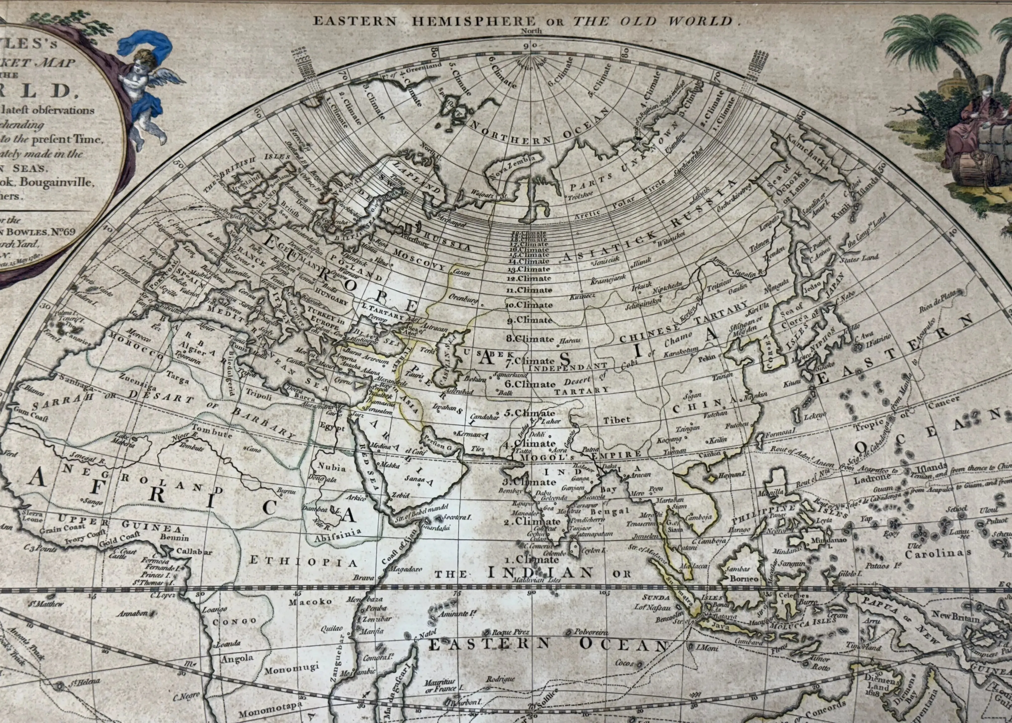 1780 "Bowles's New Map of the World" Double-page engraved map with hand-colored cartouches