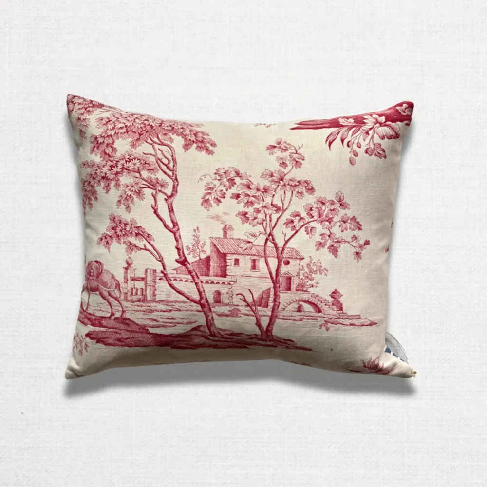 19th Century French Toile Pillow with Ticking Backing (#35)