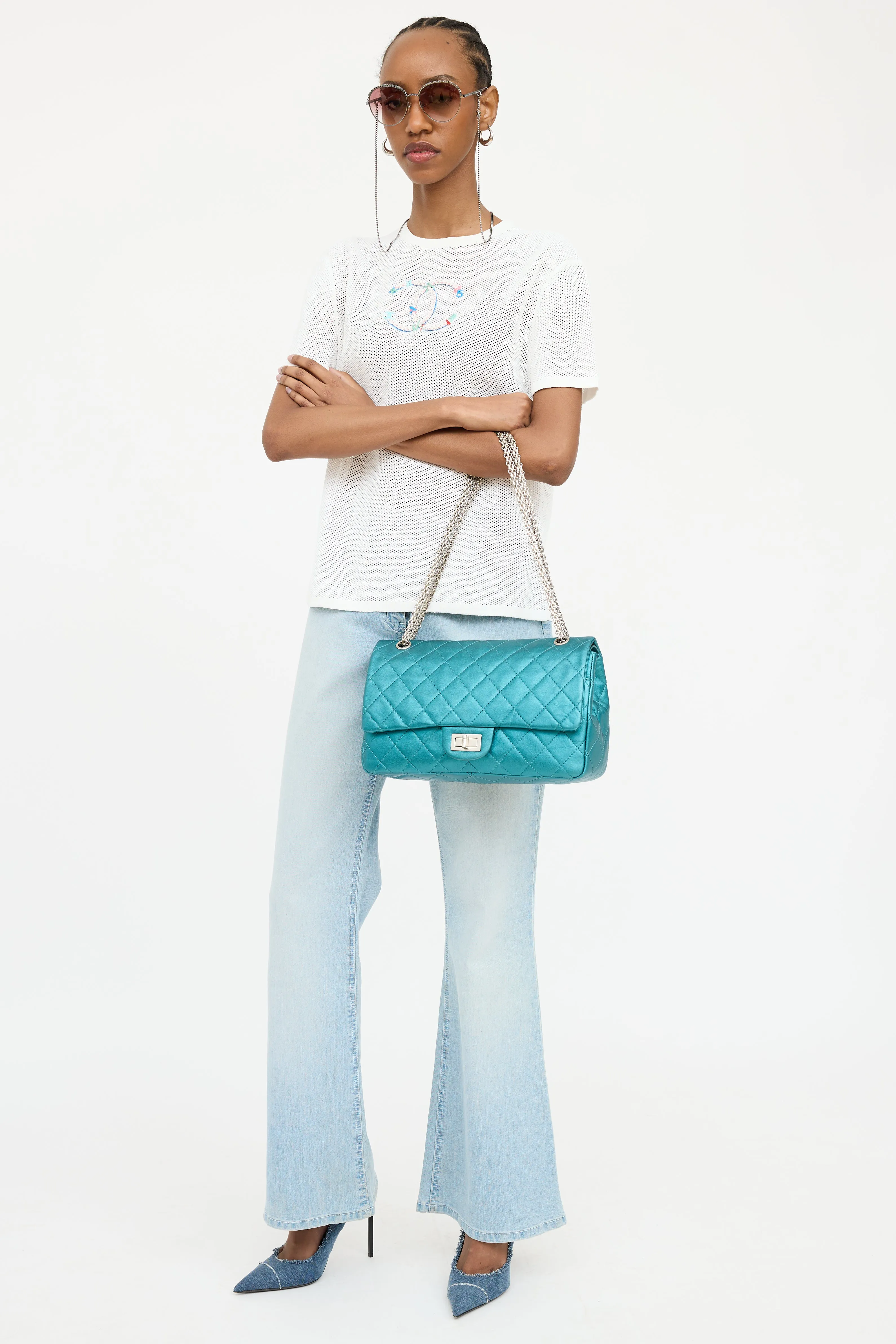 2008 Metallic Teal Quilted Double Flap Bag