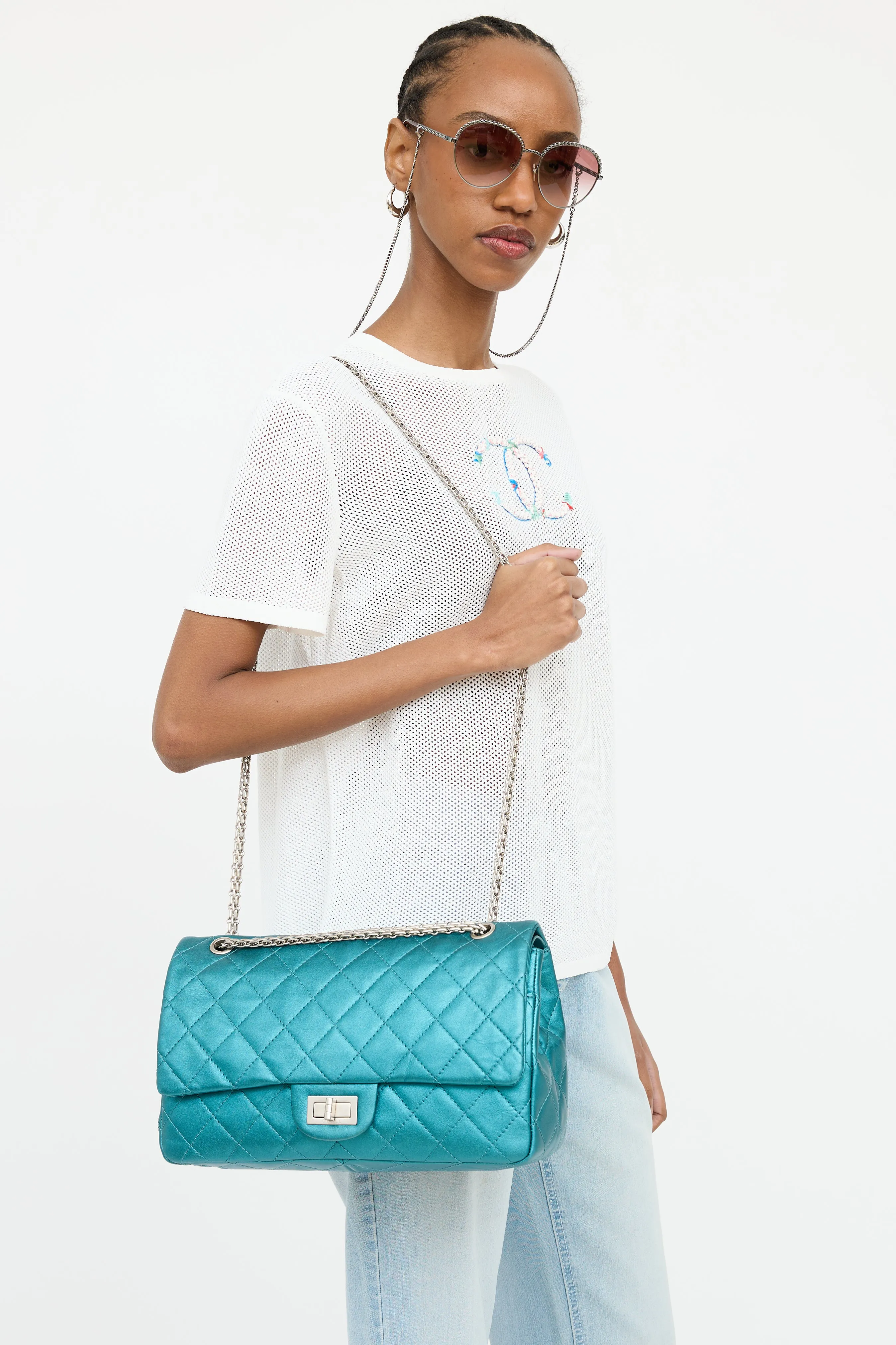2008 Metallic Teal Quilted Double Flap Bag