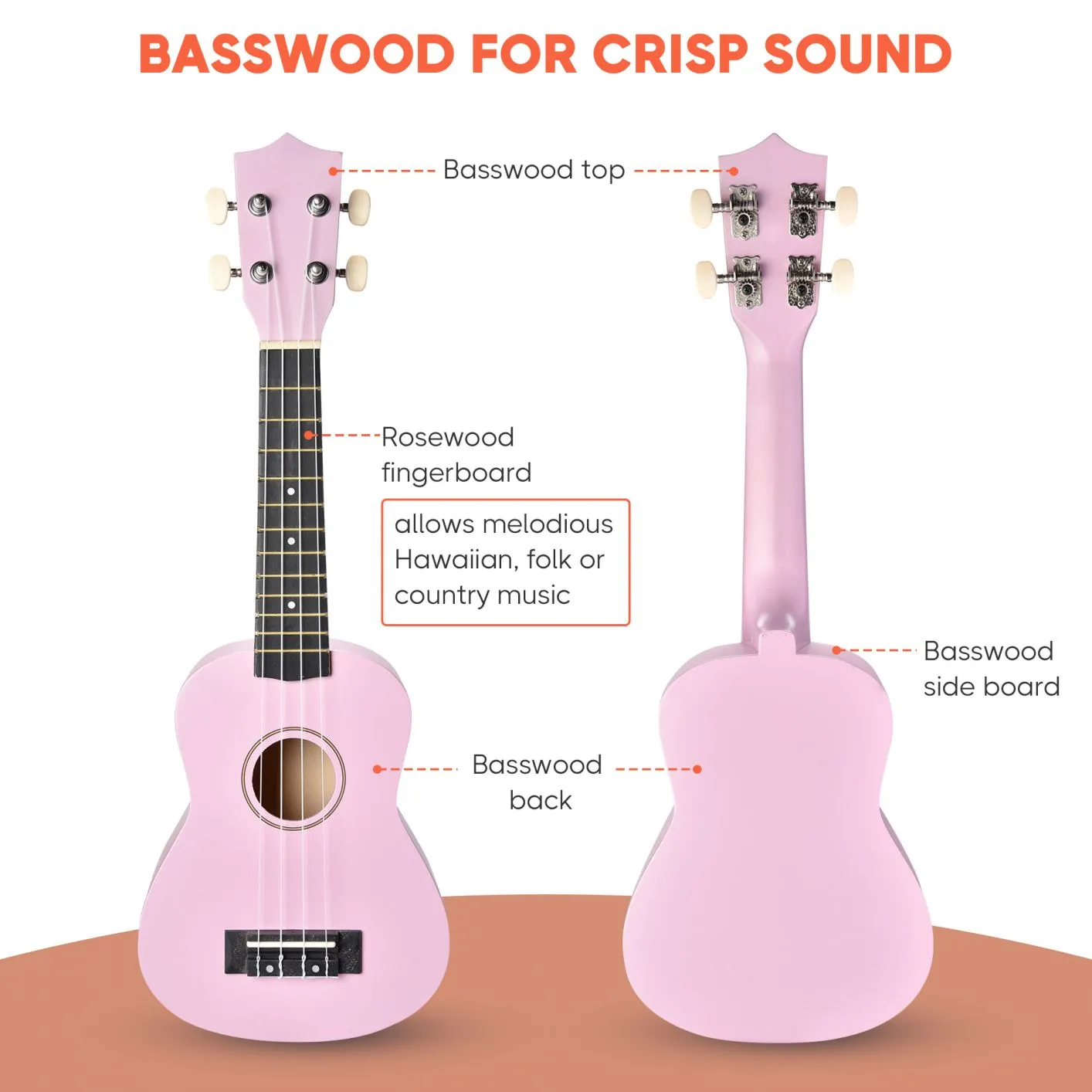 21" 4 String Ukulele Hawaiian Guitar Concert Music Show Talent Gift w/ Bag Tuner Pink