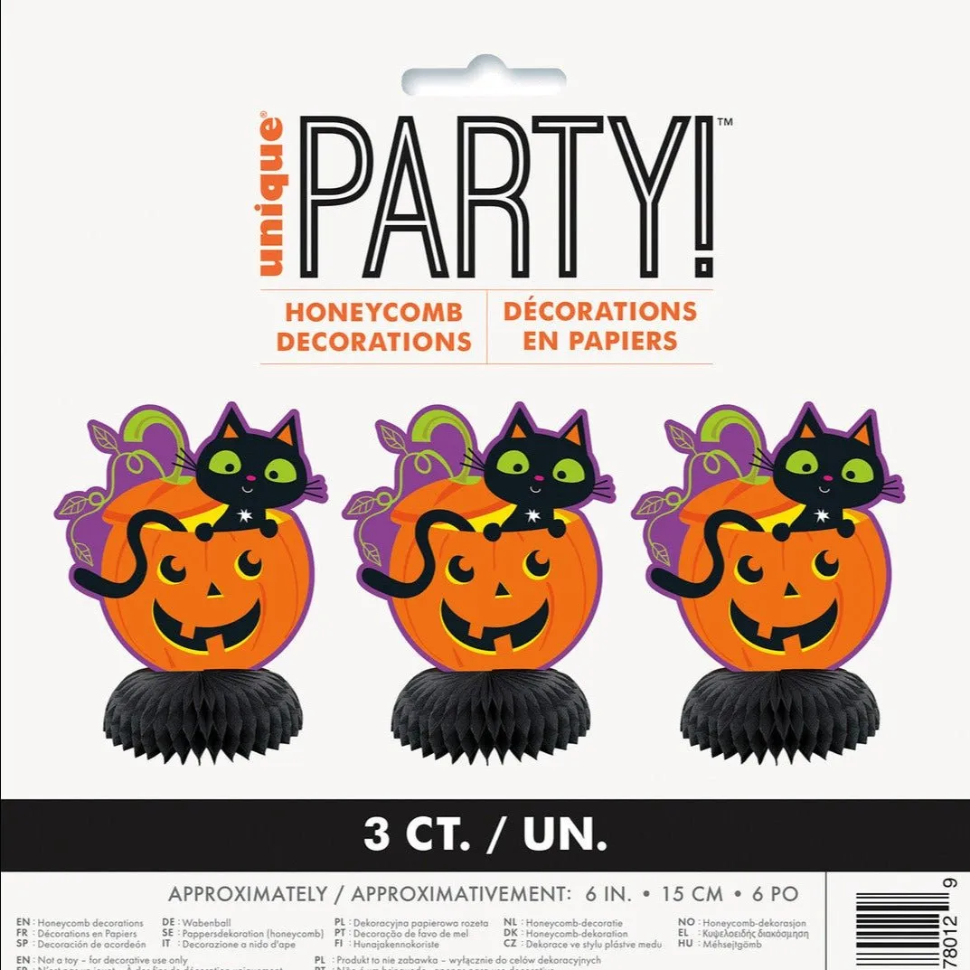 3pk Cat & Pumpkin Halloween Mini Honeycomb Decorations