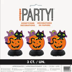 3pk Cat & Pumpkin Halloween Mini Honeycomb Decorations