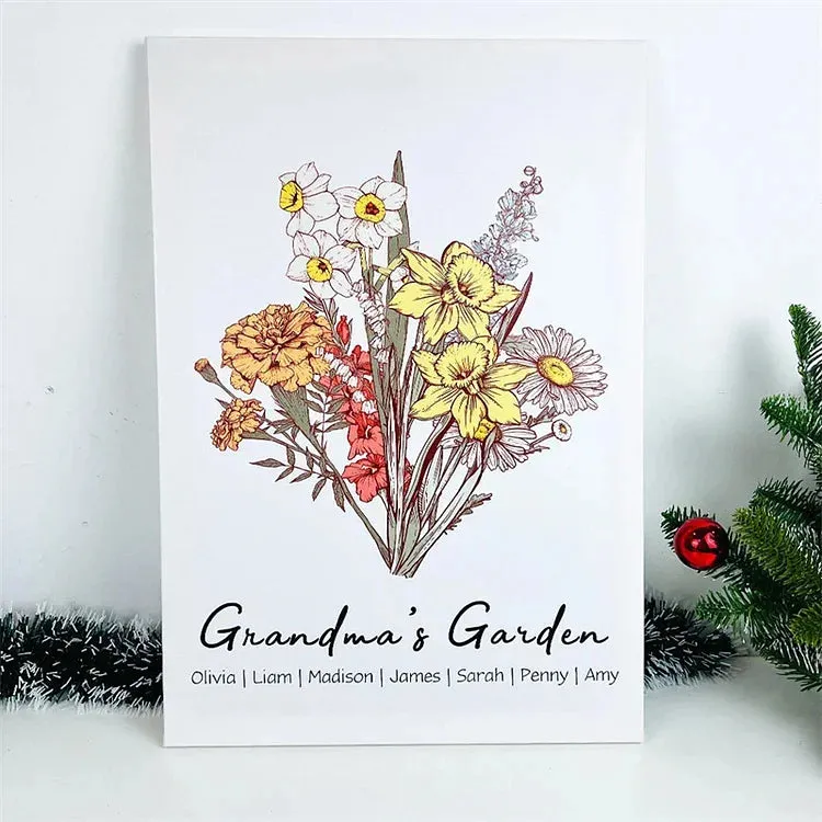 4FunGift® Personalized Birth Flower Family Bouquet Names Frame