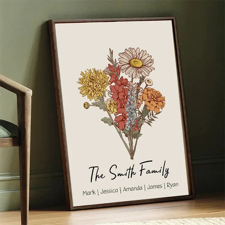 4FunGift® Personalized Birth Flower Family Bouquet Names Frame
