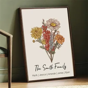 4FunGift® Personalized Birth Flower Family Bouquet Names Frame