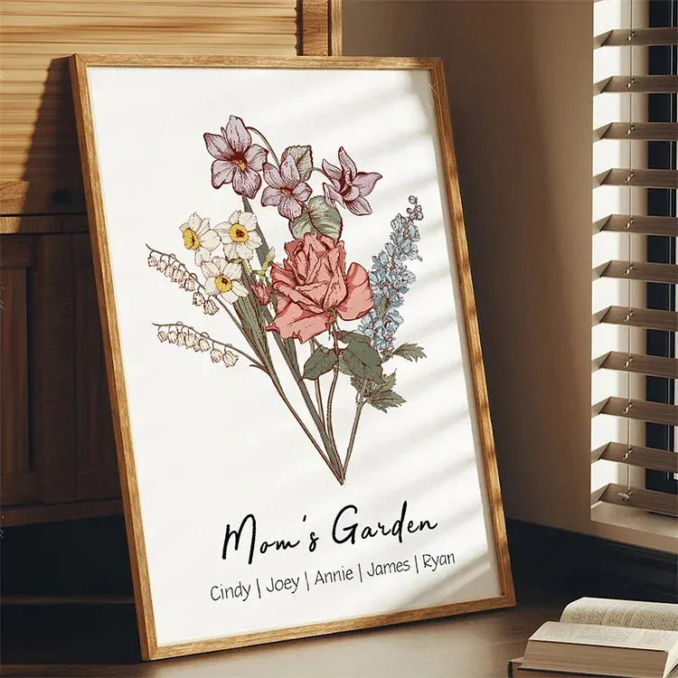 4FunGift® Personalized Birth Flower Family Bouquet Names Frame