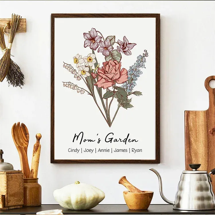 4FunGift® Personalized Birth Flower Family Bouquet Names Frame