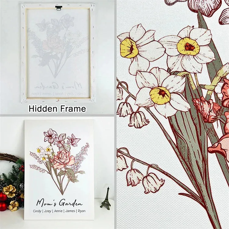4FunGift® Personalized Birth Flower Family Bouquet Names Frame