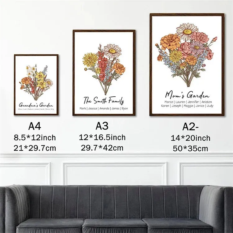4FunGift® Personalized Birth Flower Family Bouquet Names Frame