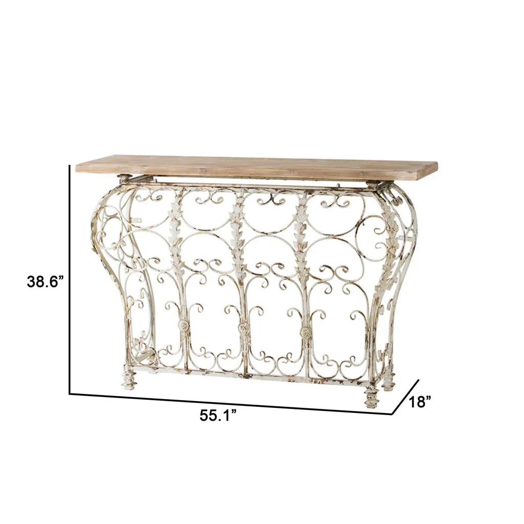 55 Inch Console Sofa Table with Scrollwork, Iron Curved Base, Wood, White By Casagear Home