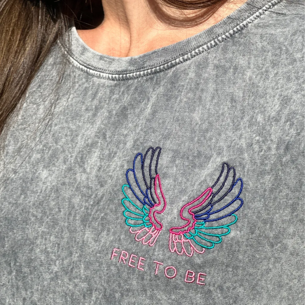 Acid Wash Grey T Shirt with Embroidered Wings