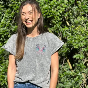 Acid Wash Grey T Shirt with Embroidered Wings