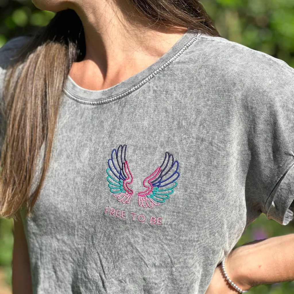 Acid Wash Grey T Shirt with Embroidered Wings