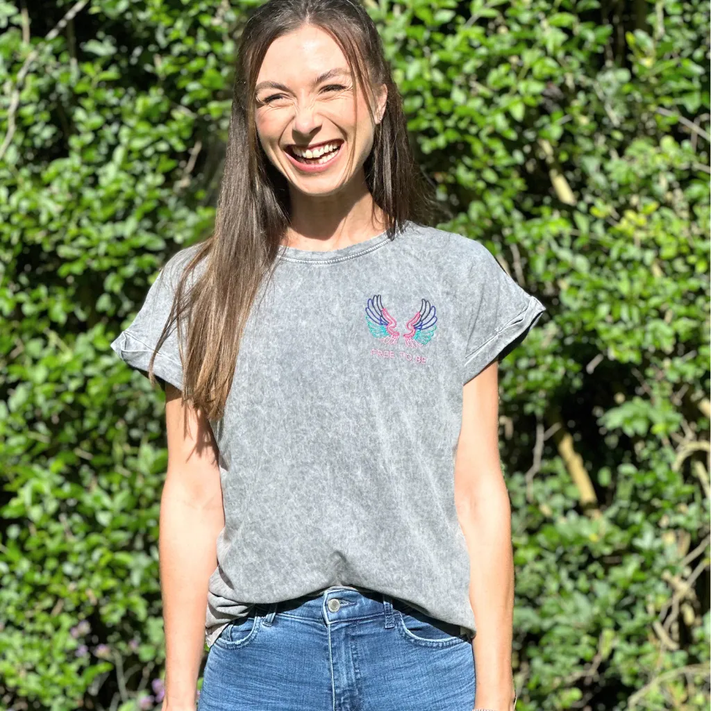 Acid Wash Grey T Shirt with Embroidered Wings