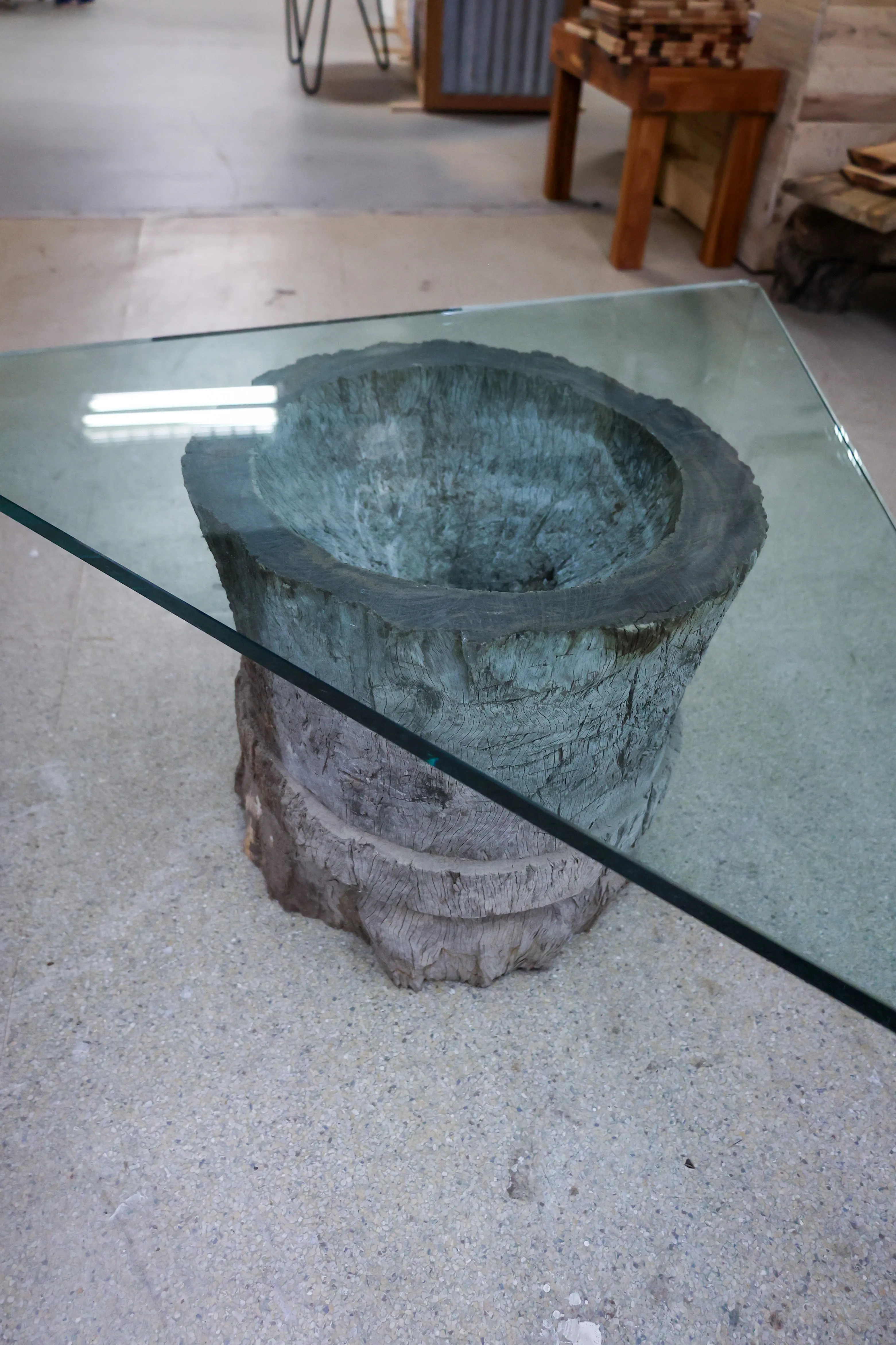 African Leadwood Triangle Glass Coffee Table