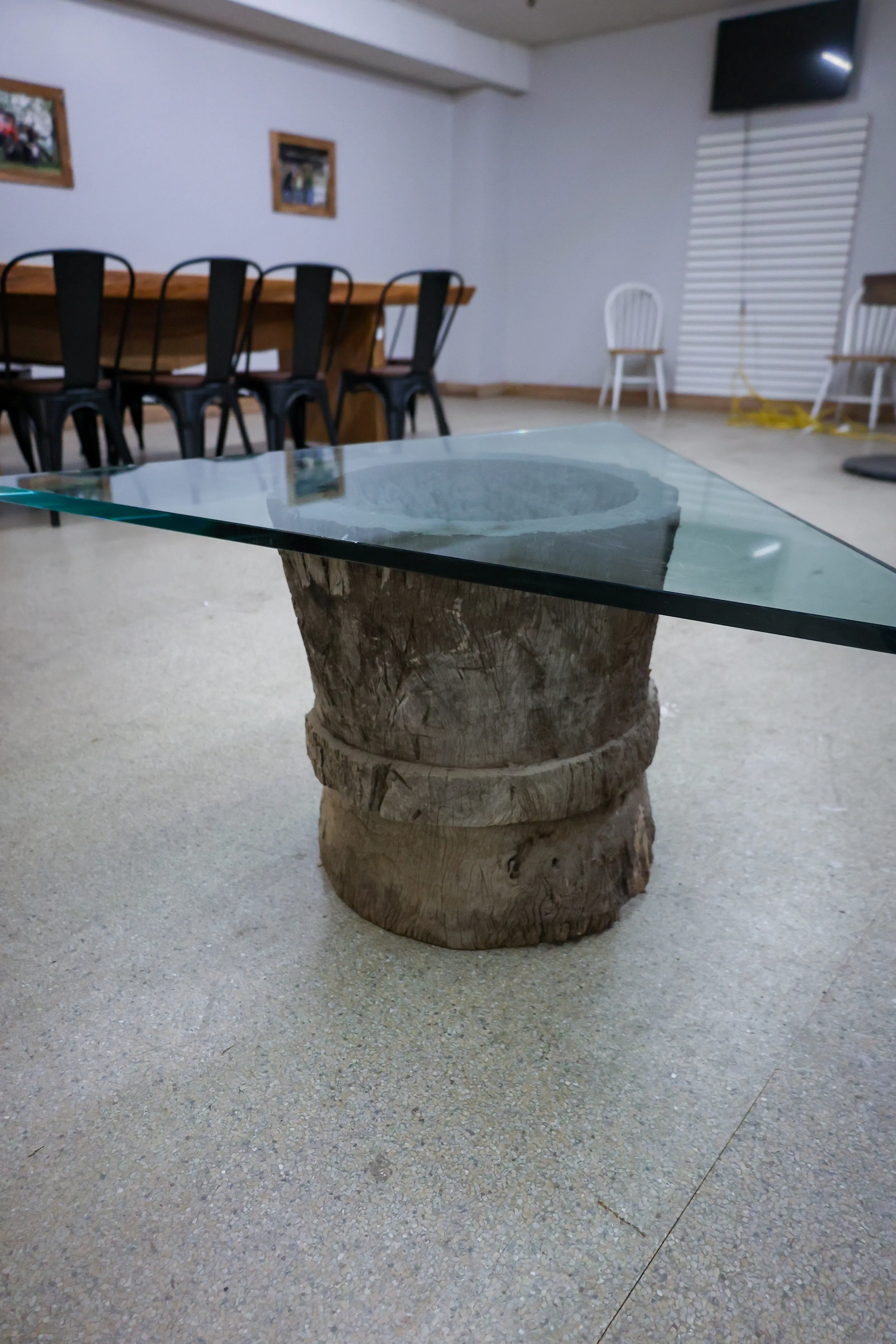 African Leadwood Triangle Glass Coffee Table