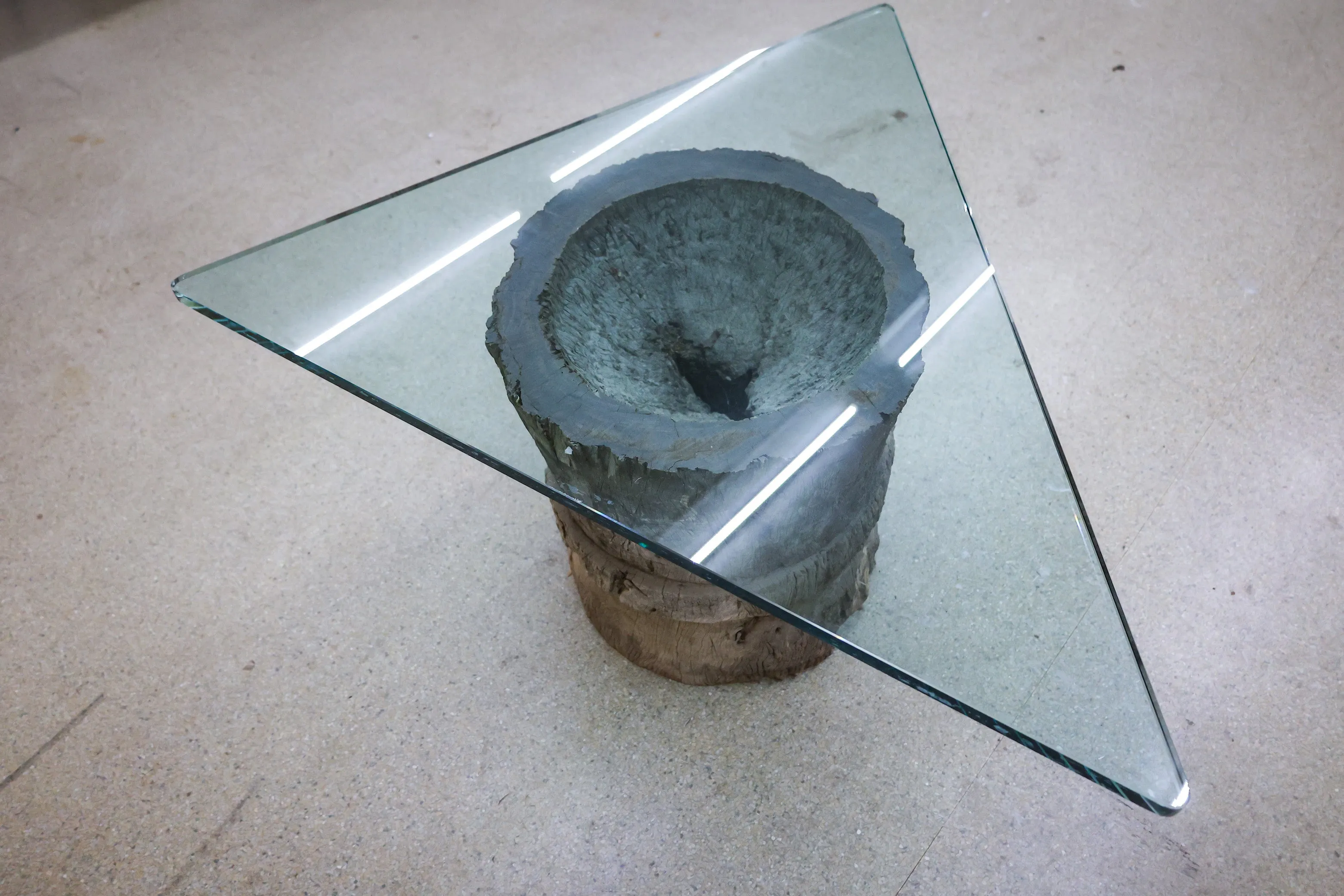 African Leadwood Triangle Glass Coffee Table