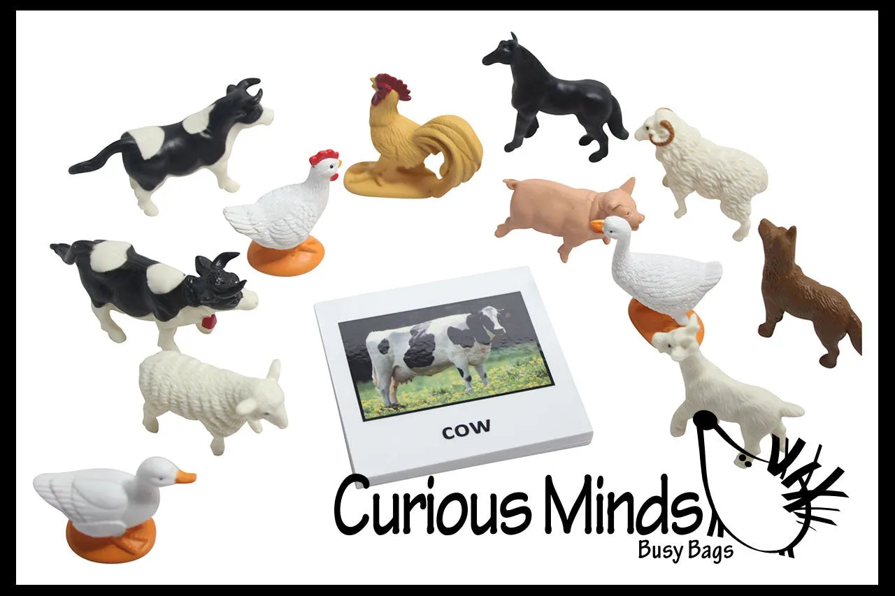 Animal Match - FARM - Miniature Animals with Matching Cards - 2 Part Cards.  Montessori learning toy, language materials - Farm Animals