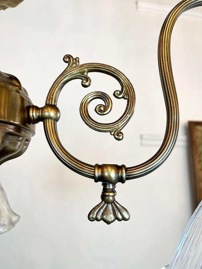 Antique Circa 1910 Sheffield Three Light Downburning Coverted Gas Fixture with Ruffled Holophane Shades