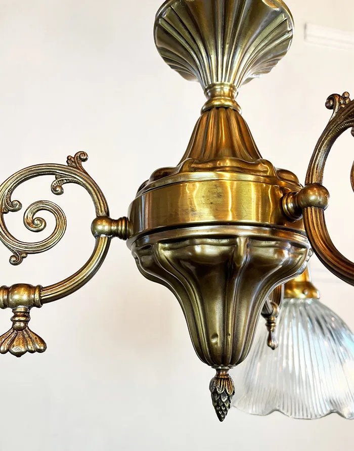Antique Circa 1910 Sheffield Three Light Downburning Coverted Gas Fixture with Ruffled Holophane Shades