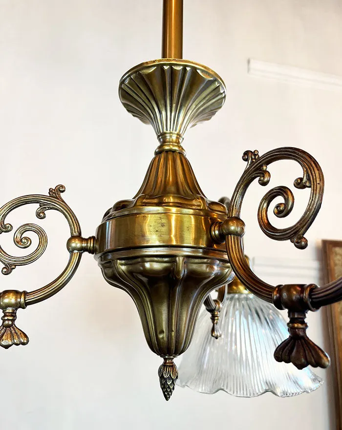 Antique Circa 1910 Sheffield Three Light Downburning Coverted Gas Fixture with Ruffled Holophane Shades