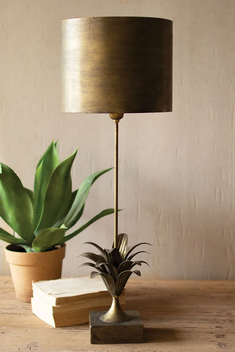 Antique Gold Metal Table Lamp W Leaf Accent and Metal Shade