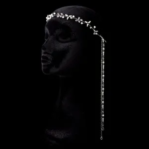 Antique Silver Ivory Pearl, Crystal Bohemian Hair Chain Headpiece