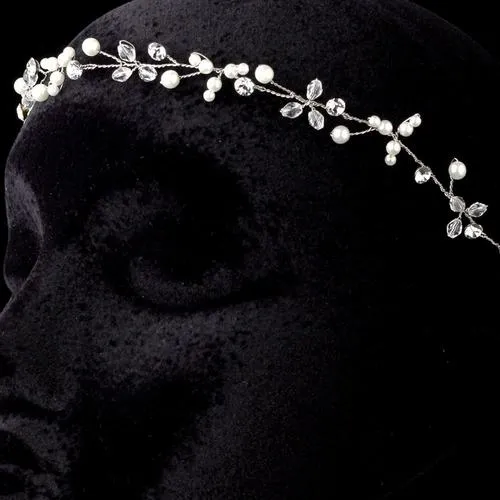 Antique Silver Ivory Pearl, Crystal Bohemian Hair Chain Headpiece