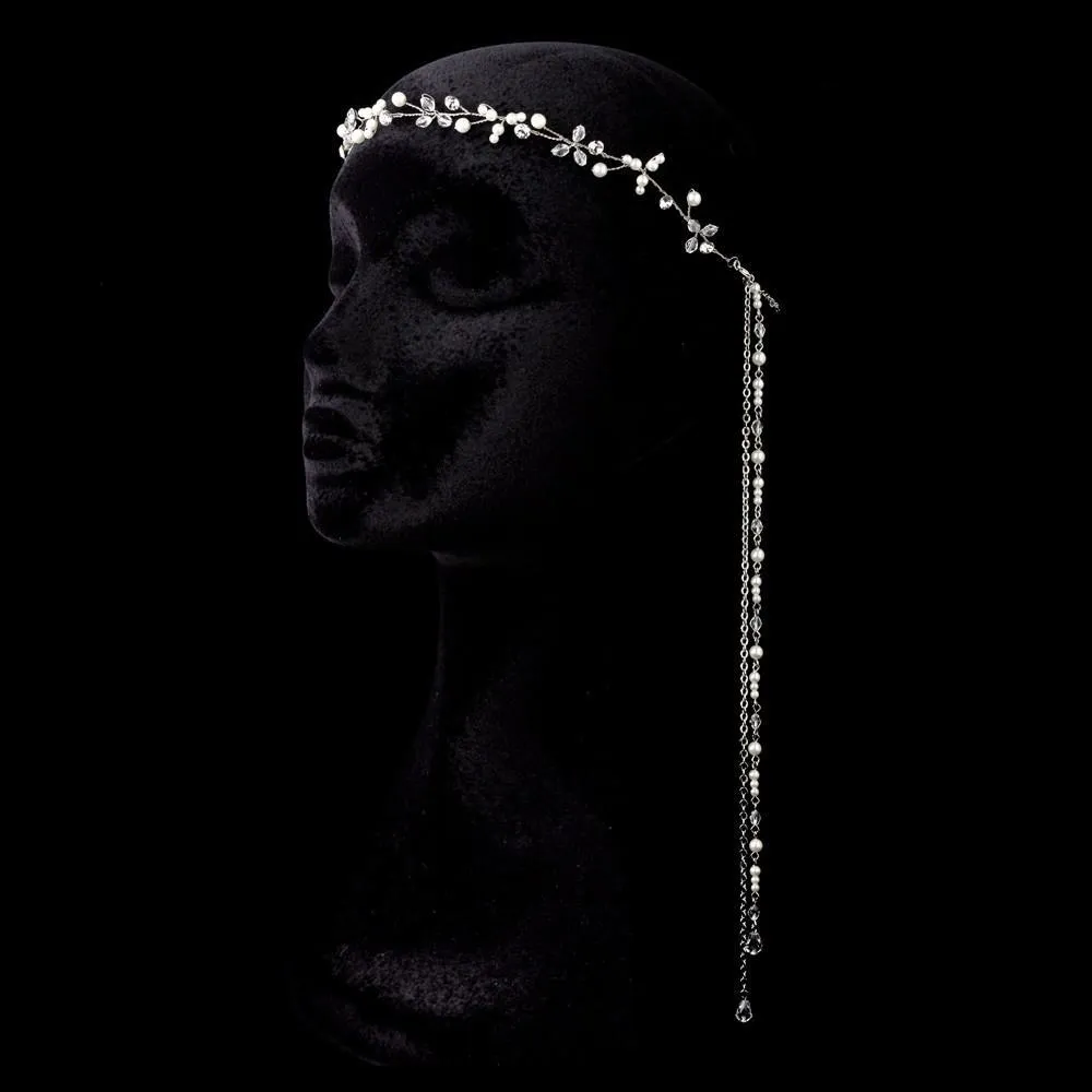 Antique Silver Ivory Pearl, Crystal Bohemian Hair Chain Headpiece