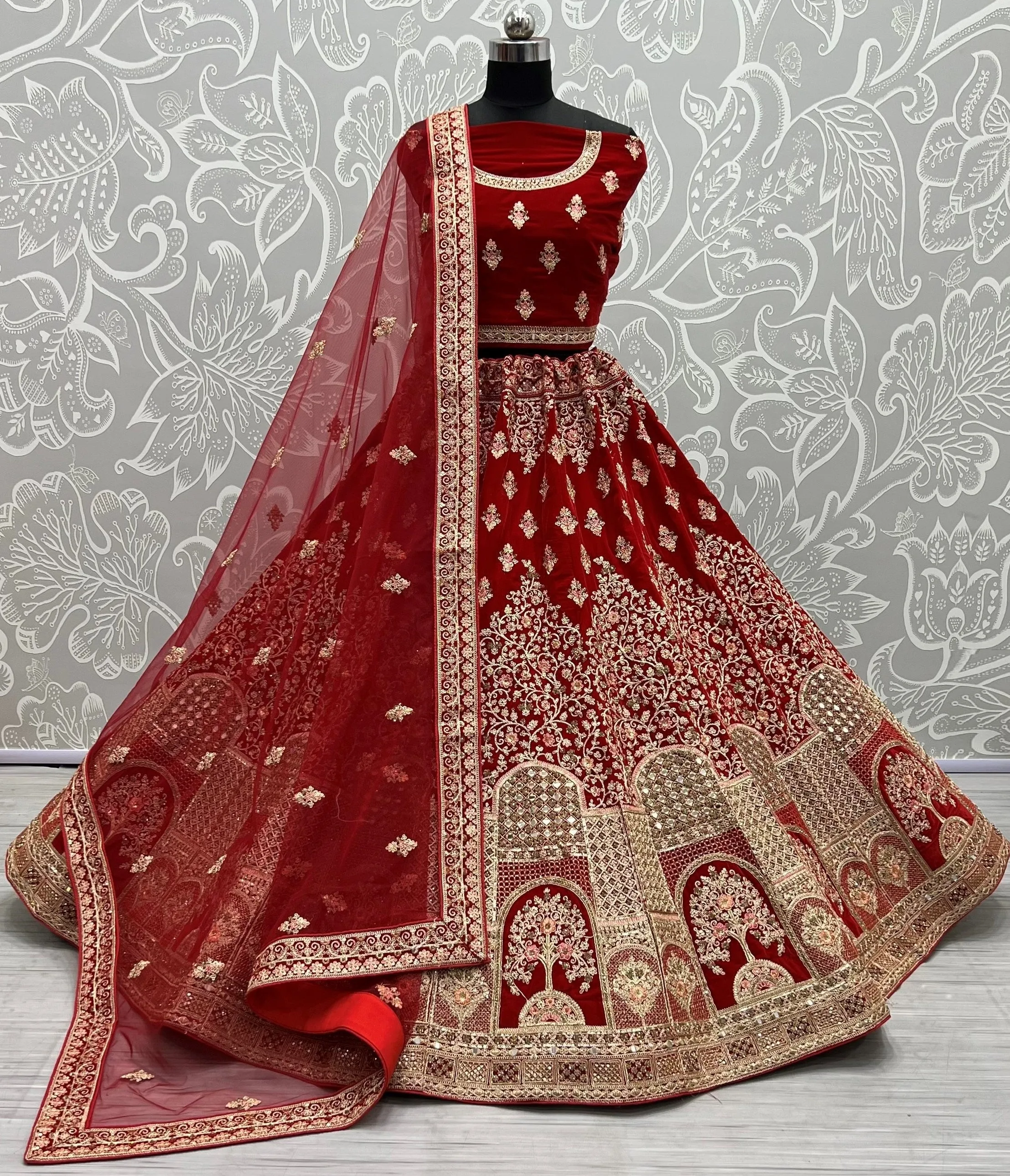 Apple Red Luxurious Velvet Wedding Lehenga