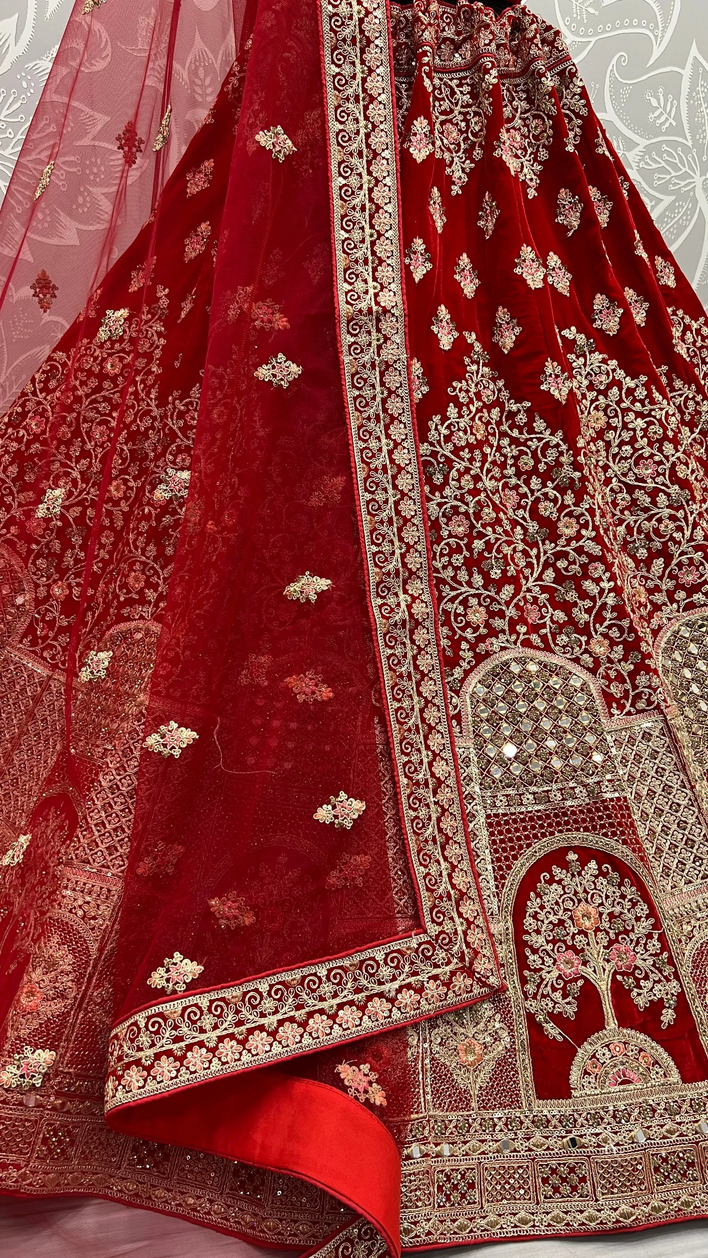 Apple Red Luxurious Velvet Wedding Lehenga