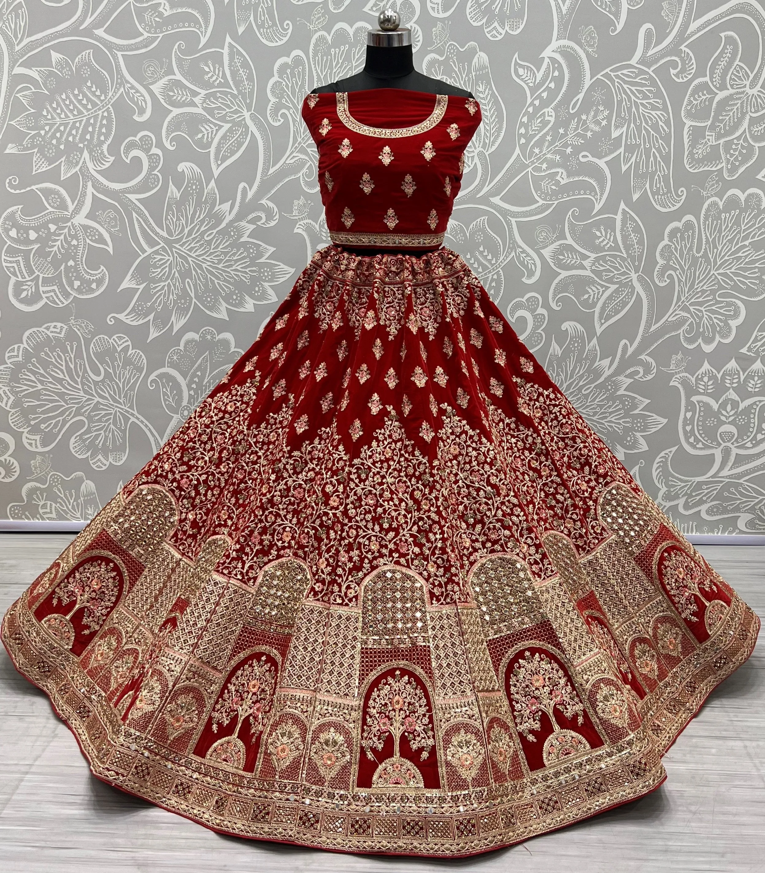 Apple Red Luxurious Velvet Wedding Lehenga