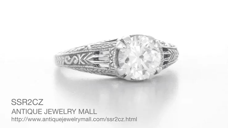 Art Deco Cubic Zirconia ( CZ ) Filigree Engraved Promise  Ring in Sterling Silver | 1.45 Carats