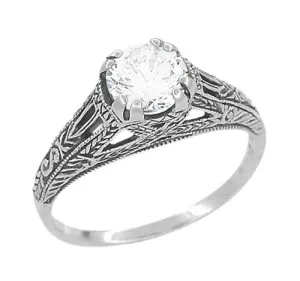 Art Deco Cubic Zirconia ( CZ ) Filigree Engraved Promise  Ring in Sterling Silver | 1.45 Carats