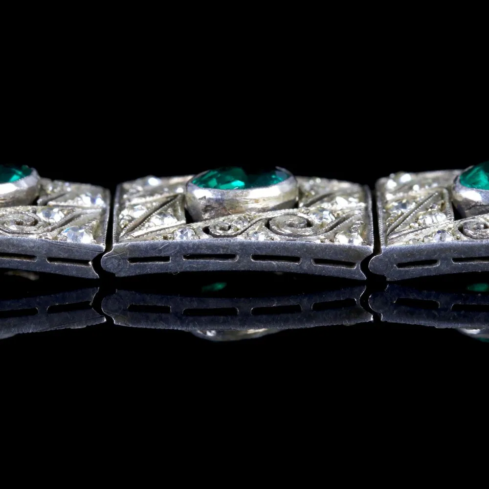 Art Deco Green Paste Bracelet Sterling Silver Circa 1920