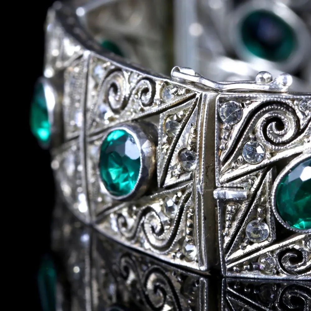 Art Deco Green Paste Bracelet Sterling Silver Circa 1920