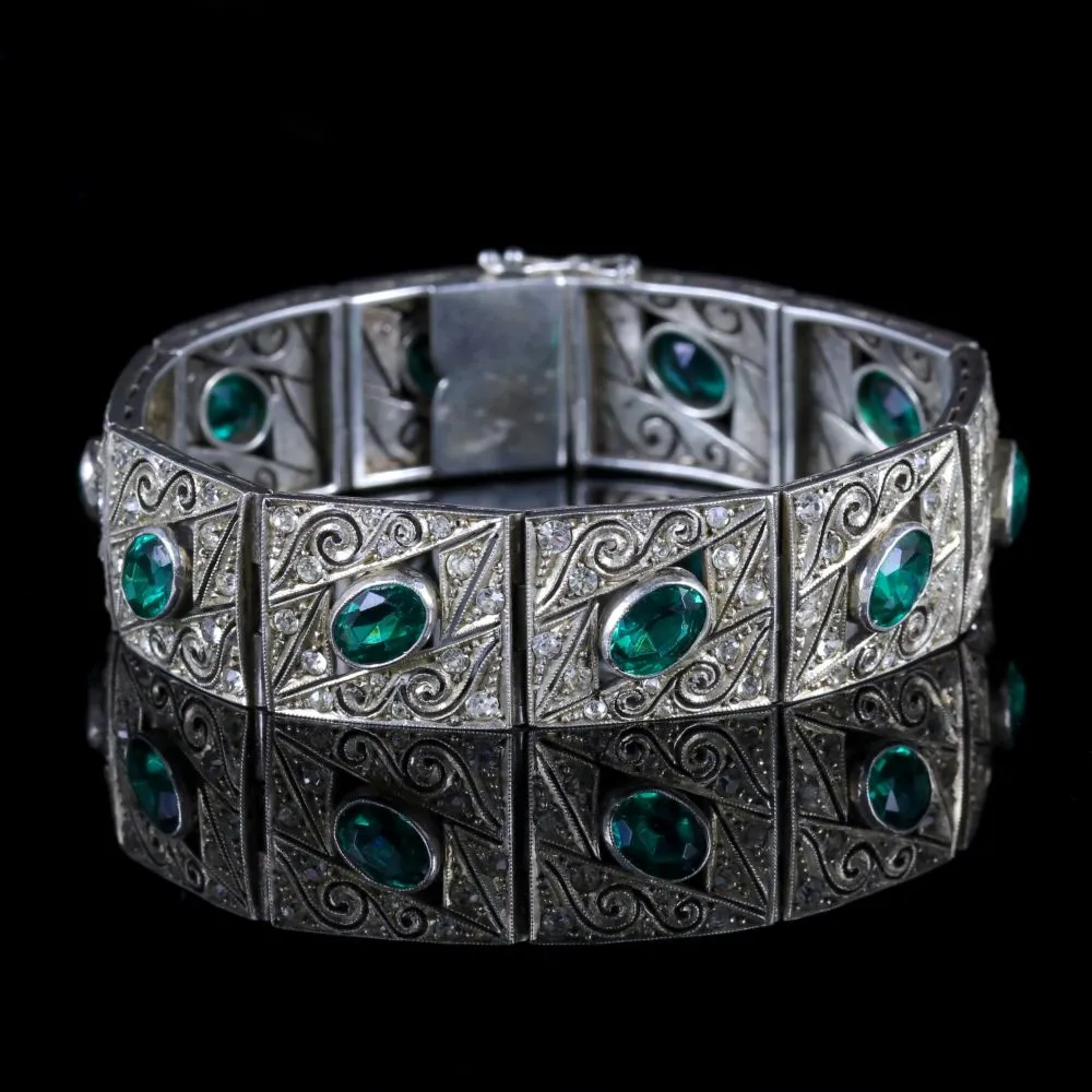 Art Deco Green Paste Bracelet Sterling Silver Circa 1920