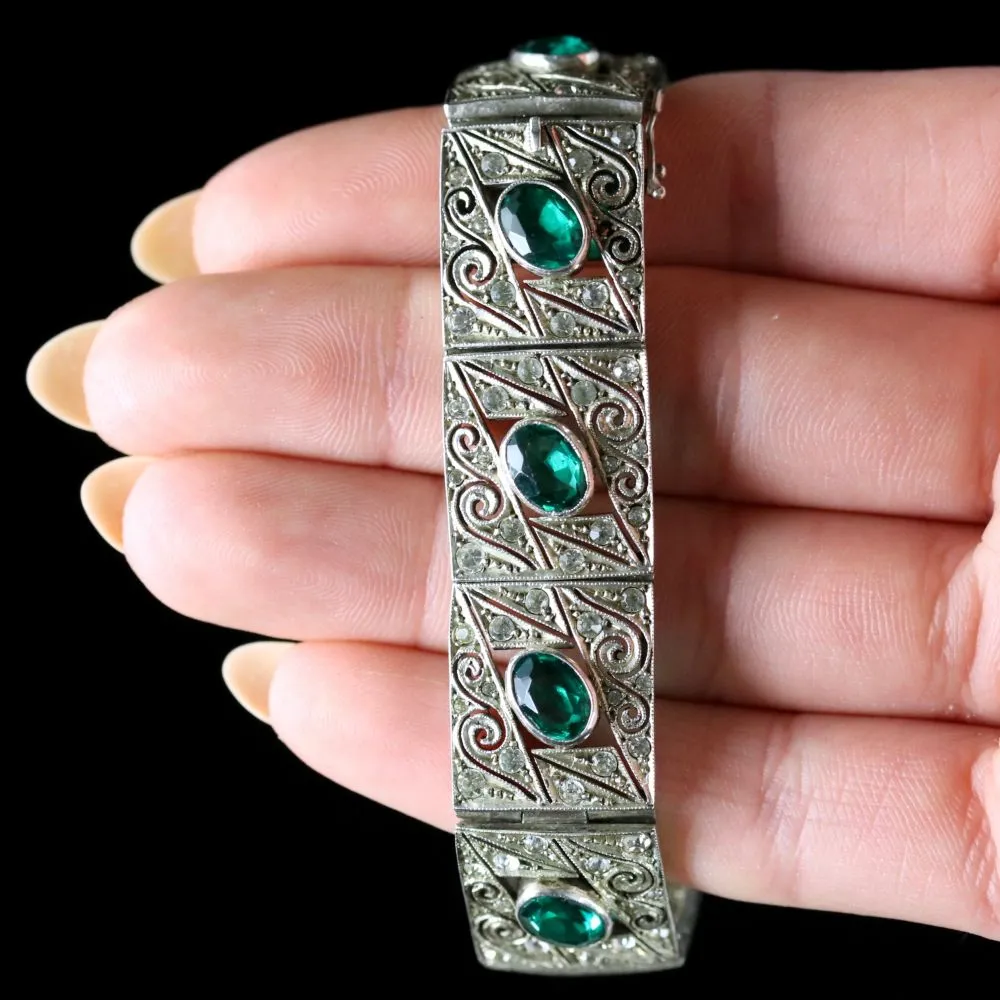 Art Deco Green Paste Bracelet Sterling Silver Circa 1920
