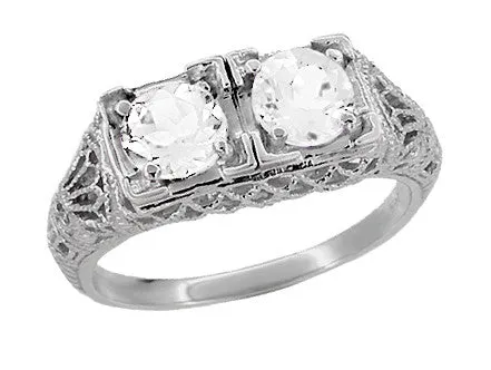 Art Deco White Topaz Two Stone Filigree Ring in Sterling Silver