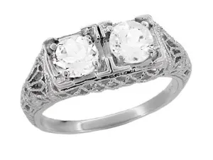 Art Deco White Topaz Two Stone Filigree Ring in Sterling Silver