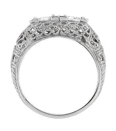 Art Deco White Topaz Two Stone Filigree Ring in Sterling Silver