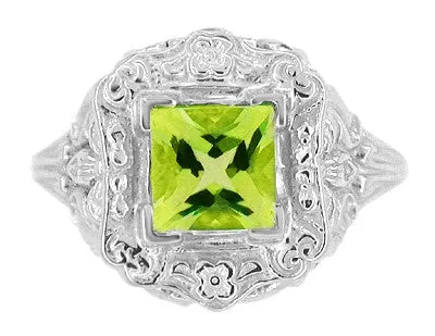Art Nouveau Princess Cut Peridot Ring in Sterling Silver